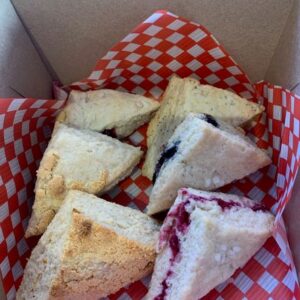 A box of assorted scones from Simply Baked Catering Inc. in Winchester, ON.