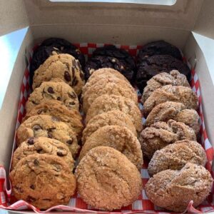 A tray of assorted cookies, including chocolate chip, double chocolate chip, Snickerdoodles, and ginger molasses, available at Simply Baked Catering Inc. in Winchester, ON.