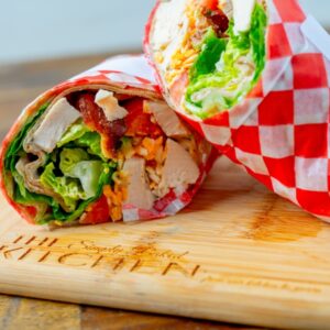 A Buffalo chicken wrap, made fresh at Simply Baked Catering Inc. in Winchester, Ontario.