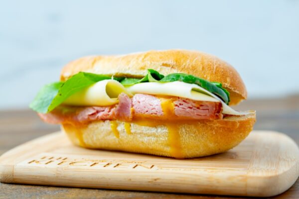 A ham and Swiss cheese sandwich, made fresh at Simply Baked Catering Inc. in Winchester, Ontario.