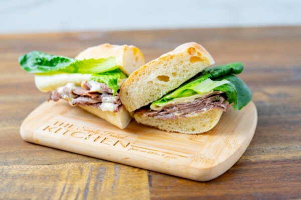 A roast beef and Swiss cheese sandwich, made fresh at Simply Baked Catering Inc. in Winchester, Ontario.